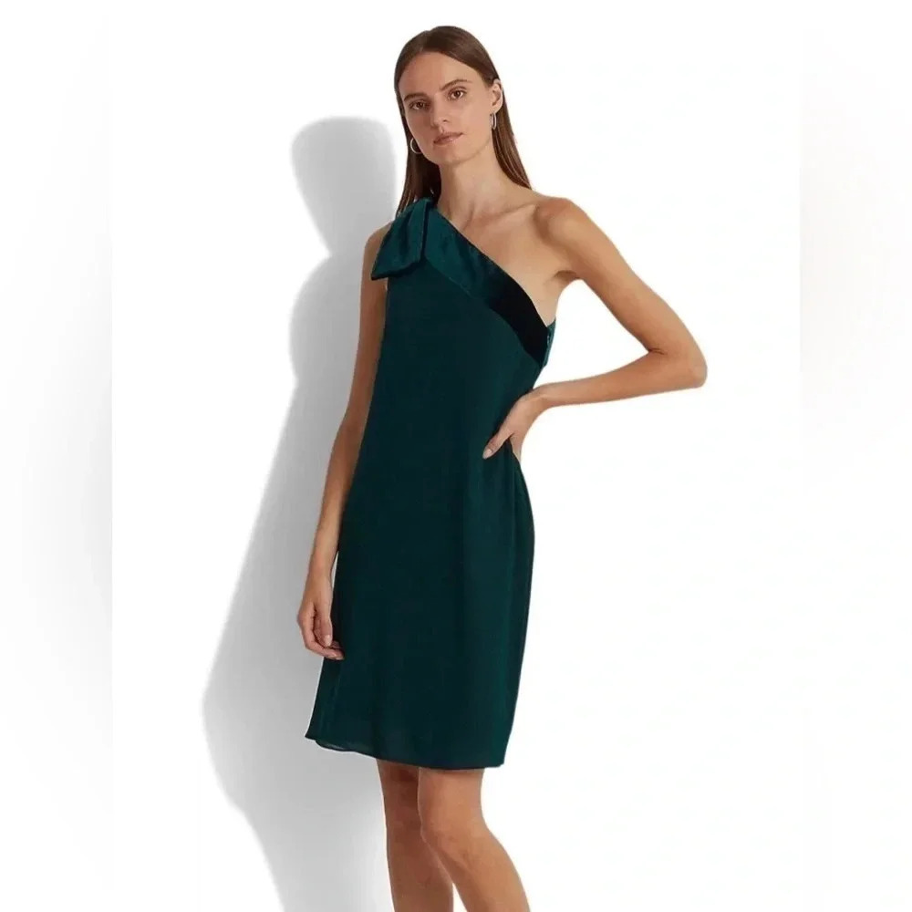 Lauren Ralph Lauren Chiffon One Shoulder Bow Forest Green Dress Sz 14 NWT